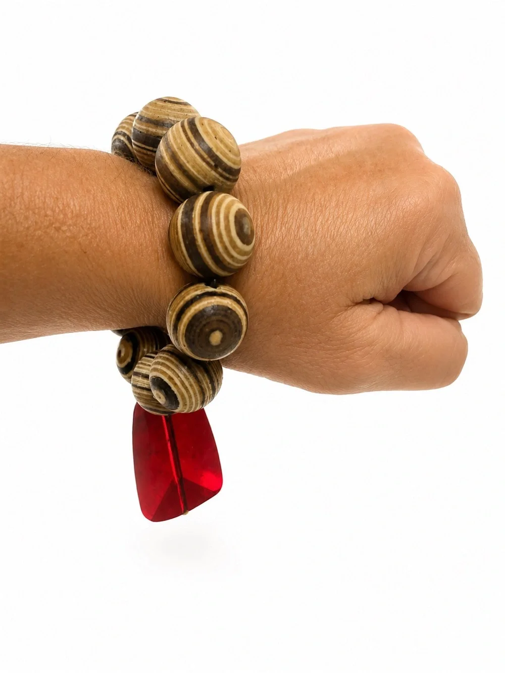 Vintage Wooden Bead Stretch Bracelet w/ Faceted Red Acrylic Dangle Charm‎